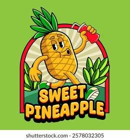 Cute Pineapple Tropical Summer Vibes Cartoon Character in Retro Vintage Style