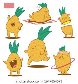 Cute pineapple vector cartoon characters set isolated on a white background.