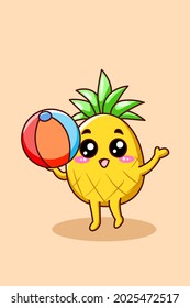 Cute pineapple with volleyball cartoon illustration