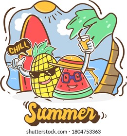 cute pineapple and watermelon summer illustration