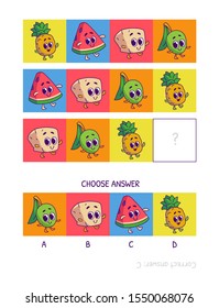 Ananas, Wassermelone, Tofu, Oliven. Logikspiel für Kinder vorschulische Arbeitsblattaktivitäten für Kinder, Aufgabe für die Entwicklung von logischem Denken und Verstand. Funny Cartoon Obst und Gemüse.