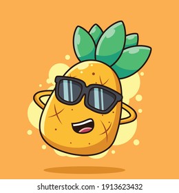Cute Pineapple wear Glasses Cartoon Vector Icon Illustration. Summer Fruit Icon Concept Isolated on Orange Background