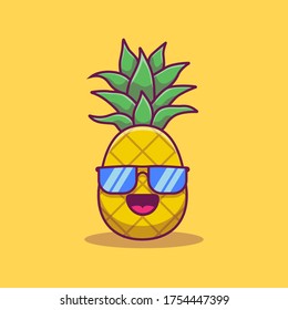 Cute Pineapple Wearing Glasses Cartoon Vector Icon Illustration. Summer Fruit Icon Concept Isolated Premium Vector. Flat Cartoon Style 