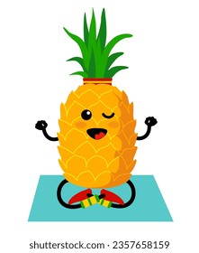 Cute pineapple in yoga pose. Pineapple doing yoga exercise. Funny fruit character in lotus pose isolated on a background.  Eating healthy and fitness.