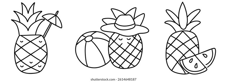 A Cute pineapples with beach accessories create fun summer vibe. Enjoy sun with pineapple, beach ball, and slice