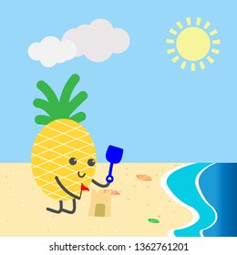 Cute pineapples build sand castle on the beach summer banner vector template.