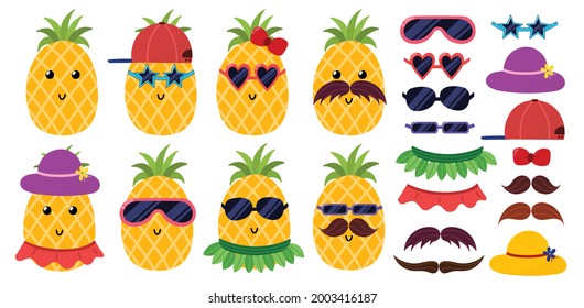 Cute pineapples set in sunglasses. Pineapple dress up activity for kids with summer accessories. Vector illustration