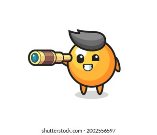 cute ping pong ball character is holding an old telescope , cute style design for t shirt, sticker, logo element