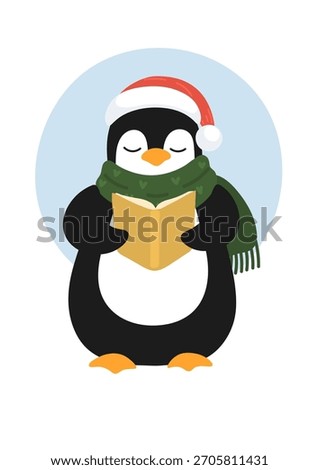 Cute pinguin in Christmas hat reading book. 