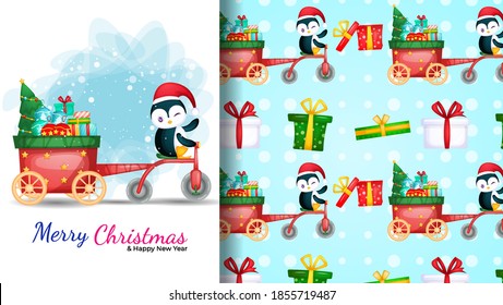 Cute pinguin driving trycicle. poster and  seamless pattern for christmas day.  Premium Vector