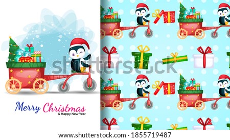 Cute pinguin driving trycicle. poster and  seamless pattern for christmas day.  Premium Vector