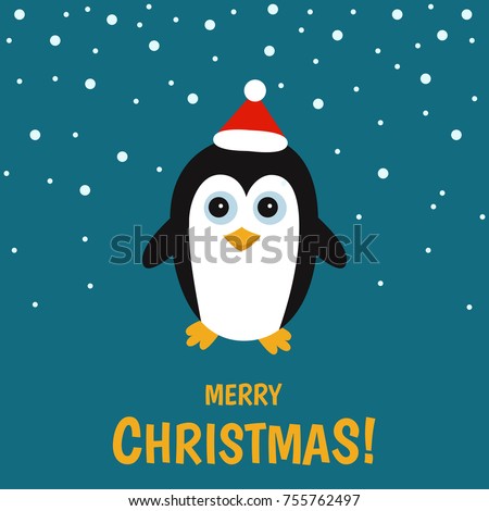  Cute  pinguin  on  winter  landscape.   Christmas greeting  card background. Xmas vector  illustration.