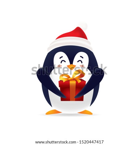 Cute pinguin with red cap carrying a gift box for Christmas with isolated background