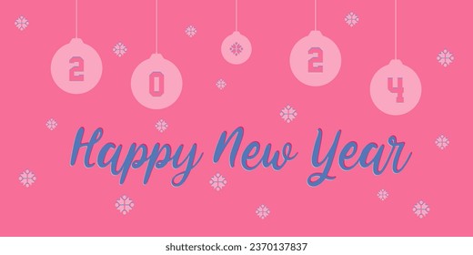 Cute pink 2024 Happy New Year vector background with baubles and snowflakes. Seasonal celebration illustration banner