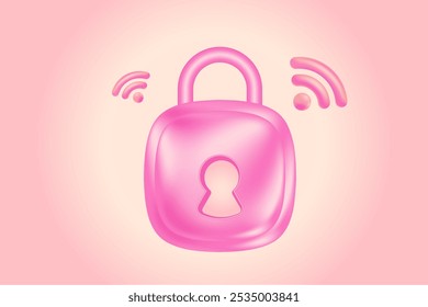 Cute pink 3D remote security control padlock icon, smart home wireless protection system. Glowing glass or plastic texture data safety design element, presentation, infographic, banner