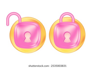 Cute pink 3D security locked, unlocked padlock icon isolated, transparent background. Glowing glass or plastic texture information data protection design element for presentation, infographic - Powered by Shutterstock - Get 15% off with code: PIKWIZARD15
