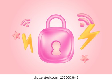 Cute pink 3D wireless security padlock icon, smart home remote control protection system. Glowing glass or plastic texture information protection design element, presentation, infographic, banner