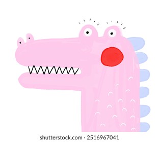 Cute Pink Alligator. Portrait of Happy Pink Crocodile on a White Background. Nursery Art with Friendly Alligator Ideal for Kids' Room Decoration. Lovely Dinosaur. Girly Nursery Vector Print. RGB.