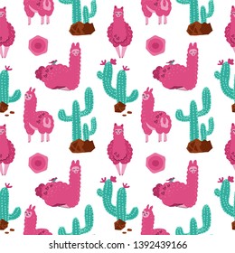 Cute pink alpaca with cacti seamless pattern on white background. Vector baby animal illustration for kids. Child drawing style lama. Flat Design for fabric, wallpaper, textile and decor.
