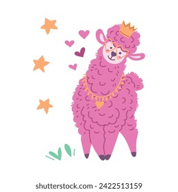 Cute pink alpaca character with crown, glasses and necklace. Funny girly llama design with decorative stars and hearts. Hand drawn isolated vector illustration.