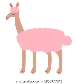 Cute pink alpaca with closed eyes. Alpaca drawing in pastel colors. Postcard and print for children. Clipart, vector image.