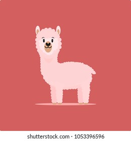 cute pink alpaca standing on pink background, Vector illustration.
