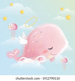 Cute Pink Angelic Whale Flying in the Sky