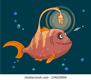 Cute pink Angler fish underwater with his small friend