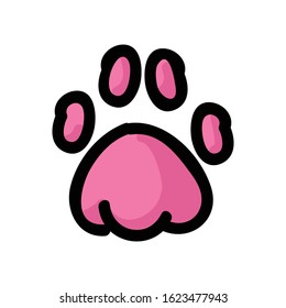 Cute pink animal paw pad cartoon doodle clip art. Hand drawn mammal track. Fun walking wildlife marks in flat color. Isolated cat, dog, bear illustration. Vector EPS 10. 