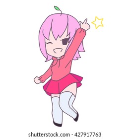 Cute pink anime chibi cheerful girl pointing and smiling