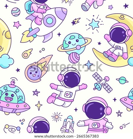 Cute pink astronaut space seamless pattern