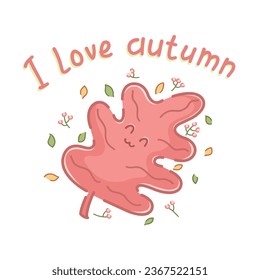 
Cute pink autumn leaf, cheerful. I love autumn. With handwritten calligraphy lettering. Hand drawn illustration art, doodle style. As a sticker, mascot, character, emoji, postcard, banner.