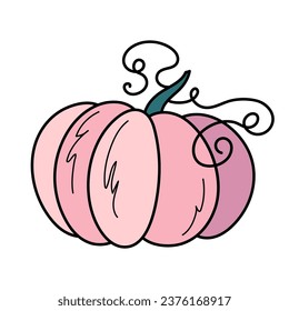 Cute pink autumn pumpkin. Hand drawn illustration for Halloween and Thanksgiving decoration.