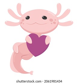 Cute pink axolotl character with heart.