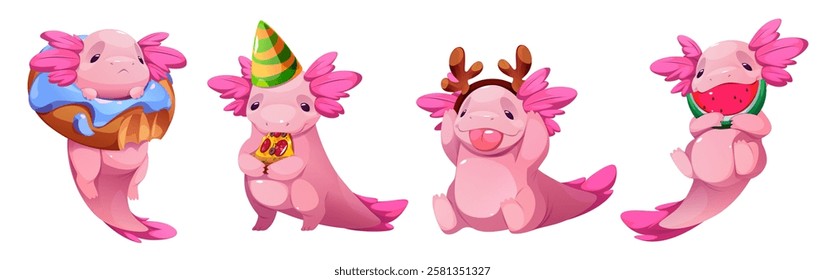 Cute pink axolotl character set with tasty treats - with glazed donut on neck, eating pizza slice in party hat, wearing reindeer antlers, enjoying watermelon piece. Cheerful mascot collection.