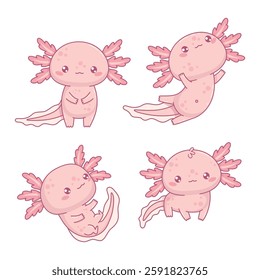 Cute pink Axolotl collection. isolated Little cartoon kawaii character mascot animal. Vector illustration.