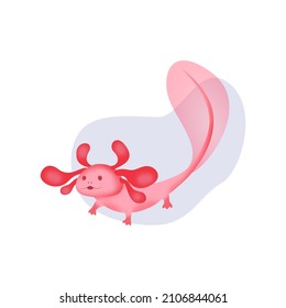 A cute pink axolotl floats in a drop of water and waves its fin. Vector image of a rare amphibian creature.