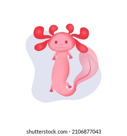 A cute pink axolotl floats in a drop of water and waves its fin. Vector image of a rare amphibian creature.