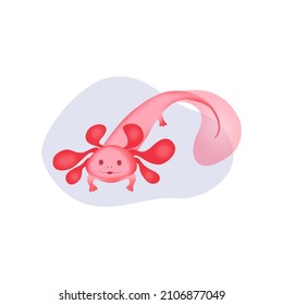 A cute pink axolotl floats in a drop of water and waves its fin. Vector image of a rare amphibian creature.