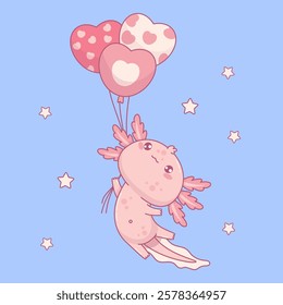 Cute pink Axolotl flying with balloons hearts. Little festive cartoon kawaii animal character. Vector illustration