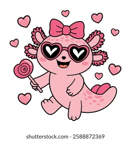 Cute Pink Axolotl with Heart Glasses and Lollipop Illustration