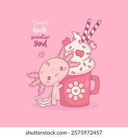 Cute pink Axolotl Hugging Mug Sweet Dessert with whipped cream, sprinkles, hearts. Funny little cartoon kawaii character. Vector illustration. Romantic cool valentine card