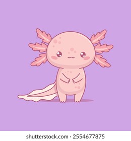 Cute pink Axolotl. Little cartoon kawaii character mascot on purple background. Vector illustration. Kids collection