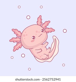 Cute pink Axolotl. Little cartoon kawaii character mascot. Vector illustration. Can be used for t-shirt print, sticker, greeting card design. Kids collection