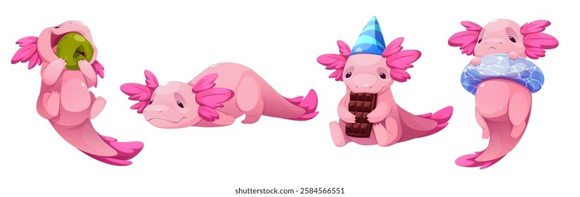 Cute pink axolotl mascot collection - eating green fruit, relax lying down, holding chocolate bar in birthday hat, wearing swimming ring. Cartoon adorable cartoon character poses for sticker set.