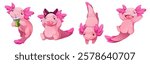 Cute pink axolotl mascot set with expressive emotions - drinking smoothie, showing tongue, swimming upside down and jumping joyfully. Playful cartoon character design for stickers or children book.