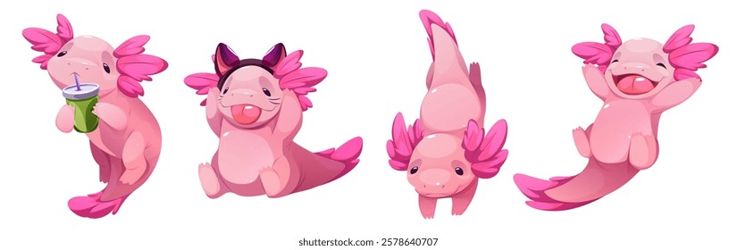 Cute pink axolotl mascot set with expressive emotions - drinking smoothie, showing tongue, swimming upside down and jumping joyfully. Playful cartoon character design for stickers or children book.