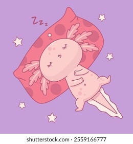 Cute pink Axolotl sleeping on pillow. Sweet dream. Little funny cartoon kawaii animal character. Vector illustration. Kids collection