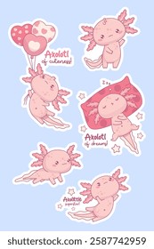 Cute pink Axolotl stickers. Funny little cartoon kawaii character with balloons and sleeping sweetly on pillow with cool slogan. Isolated Vector illustration. Kids collection