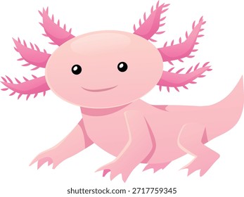 Ilustración plana de Vector Axolotl rosa lindo. Mascota de acuario exótico. Reptil anfibio. Monstruo marino amistoso de la salamandra aislado en el fondo blanco. Dibujos animados de la pequeña criatura acuática feliz. Juguete infantil